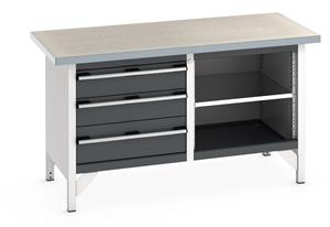 Bott Cubio Storage Workbench 1500mm wide x 750mm Deep x 840mm high supplied with a Linoleum worktop (particle board core with grey linoleum surface and plastic edgebanding), 3 x Drawers (1 x 200mm & 2 x 150mm high) and an open section with full... 1500mm Wide Storage Benches